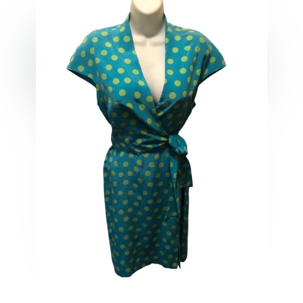 VTG Spenser Jeremy Petites 100% Silk Wrap Sz.10 8 Turquoise Green Polka Dot